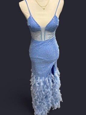 Sky Blue Beaded Feather-Hem Prom Dress with Plunge Neckline